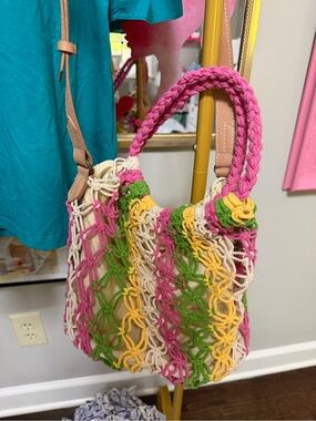 Target Multicolor Crochet Tote with Braided Pink Handle